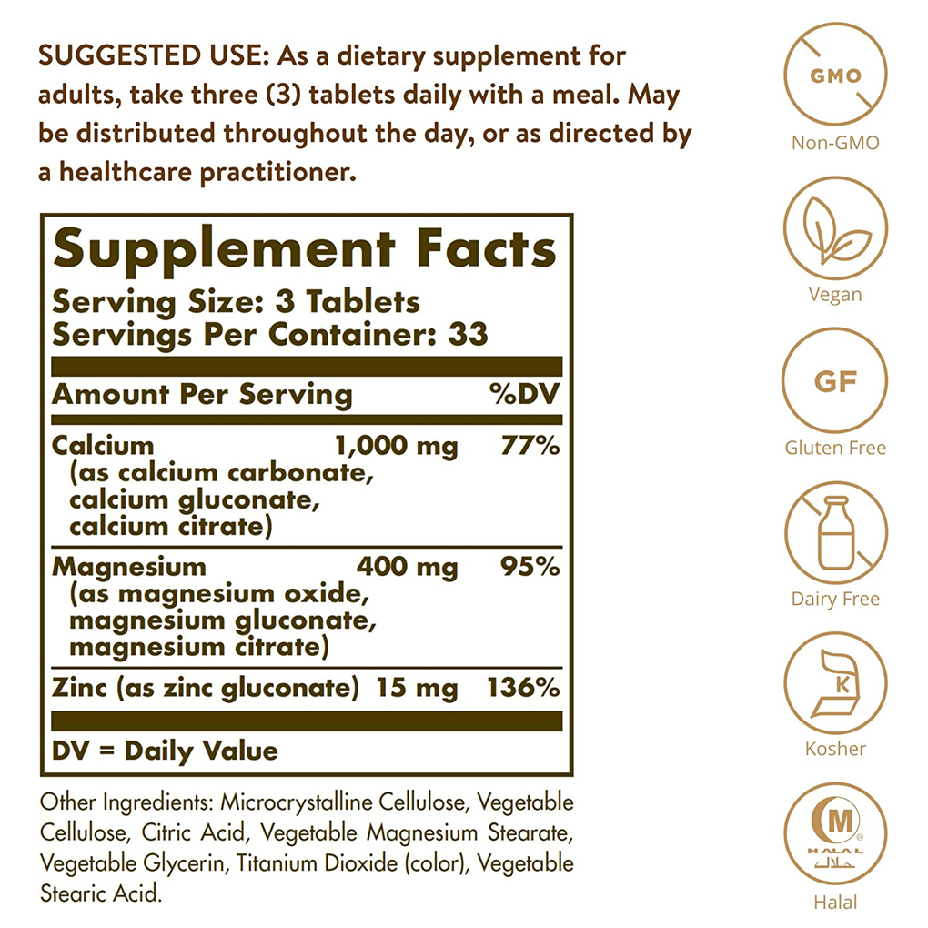 Solgar- Calcium Magnesium Plus Zinc / 100 Tablets