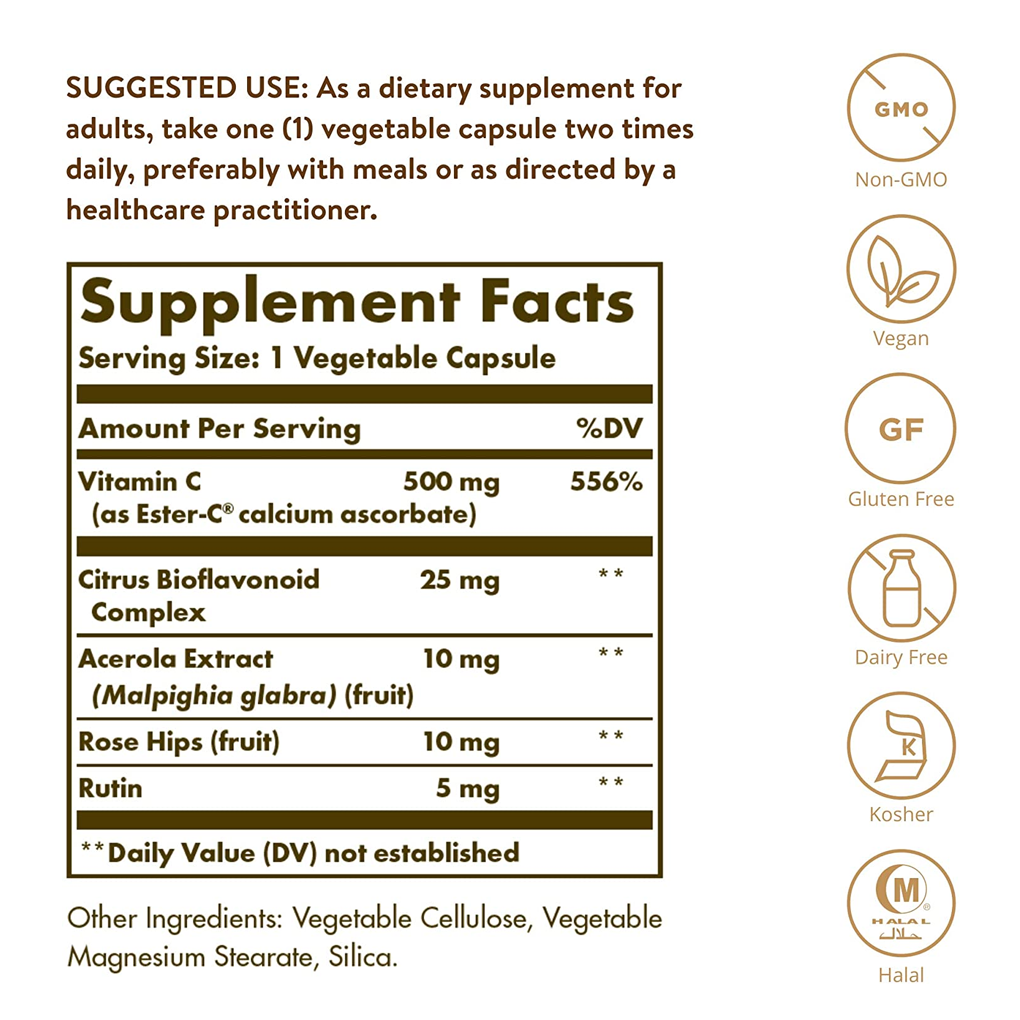 SOLGAR ESTER-C® PLUS 500 MG VITAMIN C / 250 VEGETABLE CAPSULES (ESTER-C® ASCORBATE COMPLEX) SOLGAR ESTER-C® PLUS 500 MG VITAMIN C / 250 VEGETABLE CAPSULES (ESTER-C® ASCORBATE COMPLEX)