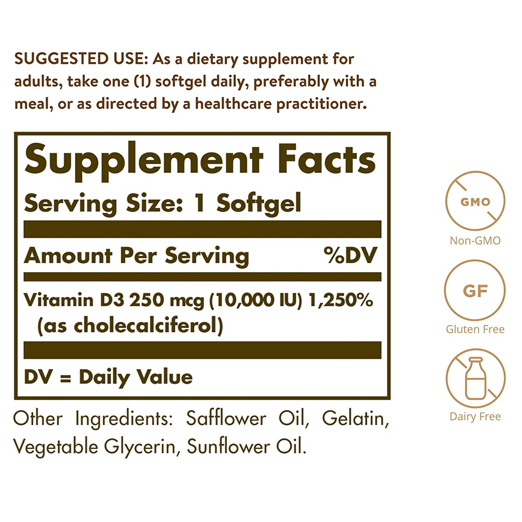 SOLGAR  VITAMIN D3 (CHOLECALCIFEROL) 250 MCG (10,000 IU) / 120  SOFTGELS