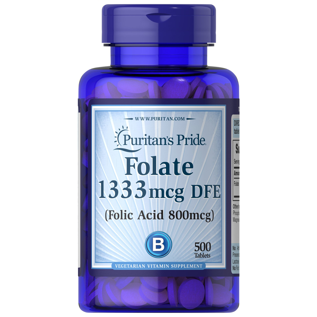 Puritan's Pride Folate 1333 mcg DFE ( Folic Acid 800 mcg) / 500 Tablets