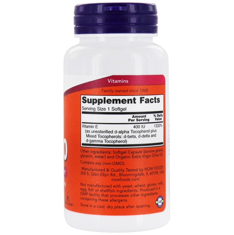 NOW Foods Vitamin E-400 Antioxidant Protection with Mixed Tocopherols 400 IU / 100 Softgels NOW Foods Vitamin E-400 Antioxidant Protection with Mixed Tocopherols 400 IU / 100 Softgels