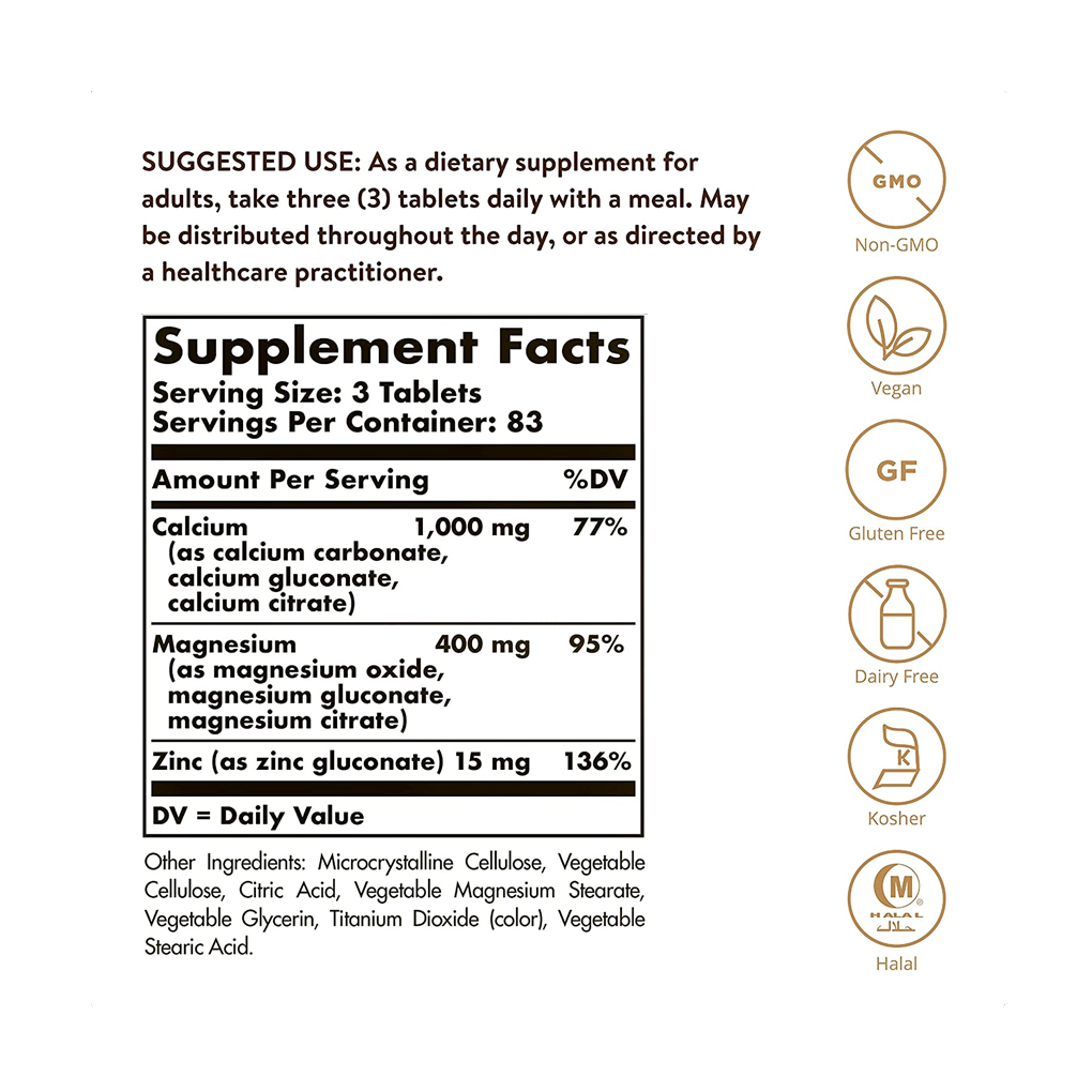 Solgar  CALCIUM MAGNESIUM PLUS ZINC / 250 TABLETS