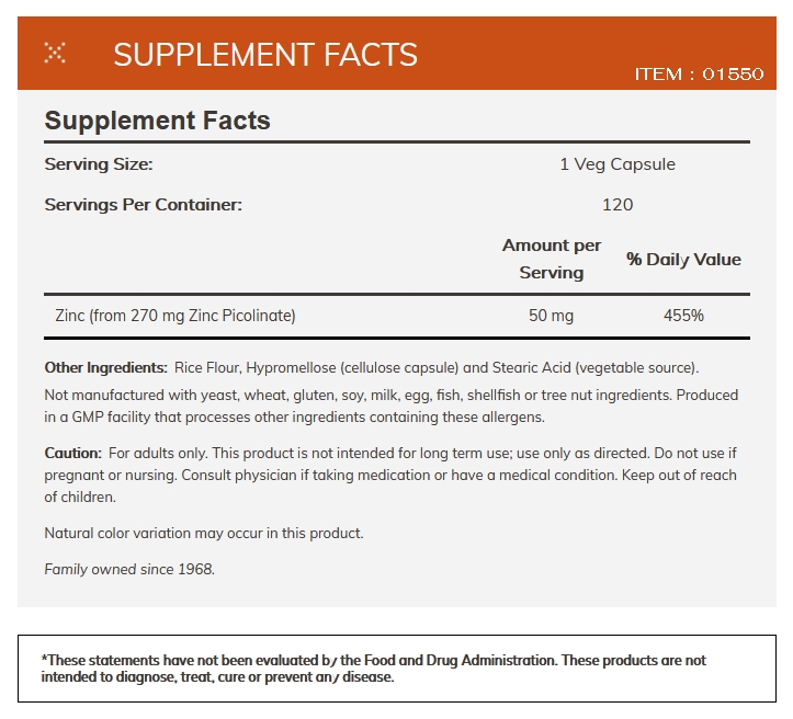 NOW Foods Zinc picolinate 50 mg. / 60  Veg Capsules