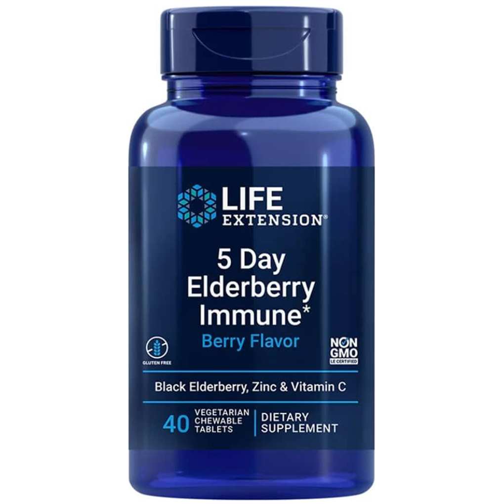 Life Extension 5 Day Elderberry Immune (Berry Flavor) / 40 Vegetarian Chewable Tablets