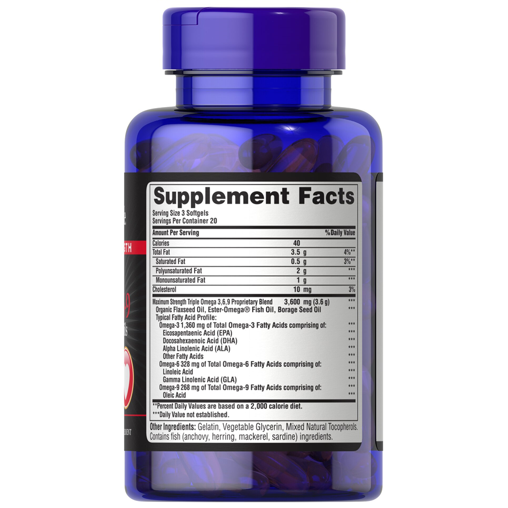 Puritan's Pride Maximum Strength Triple Omega 3-6-9 Fish, Flax & Borage Oils / 60 Softgels