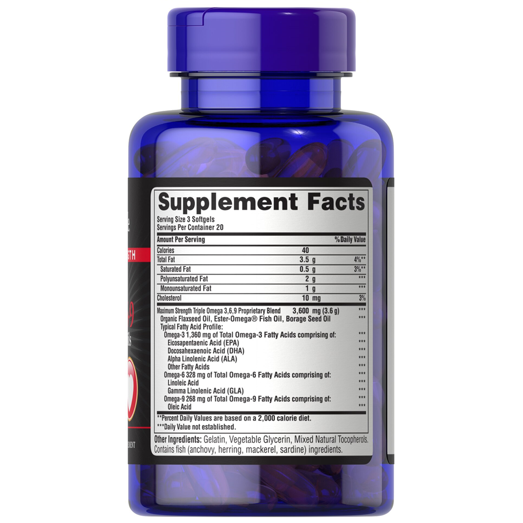 Puritan's Pride Maximum Strength Triple Omega 3-6-9 Fish, Flax & Borage Oils / 60 Softgels Puritan's Pride Maximum Strength Triple Omega 3-6-9 Fish, Flax & Borage Oils / 60 Softgels