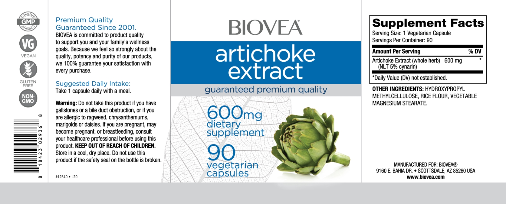 BIOVEA  ARTICHOKE EXTRACT 600 mg / 90 Capsules