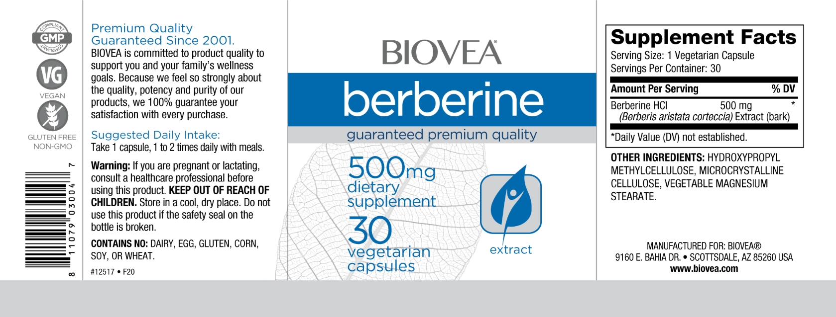 BIOVEA  BERBERINE 500 mg / 30 Vegetarian Capsules