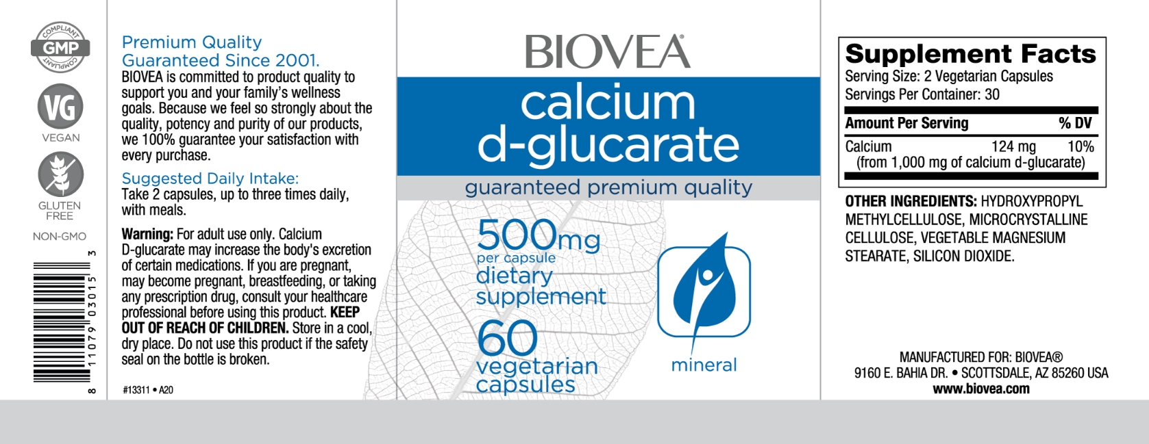 BIOVEA  CALCIUM D-GLUCARATE 500 mg / 60 Vegetarian Capsules