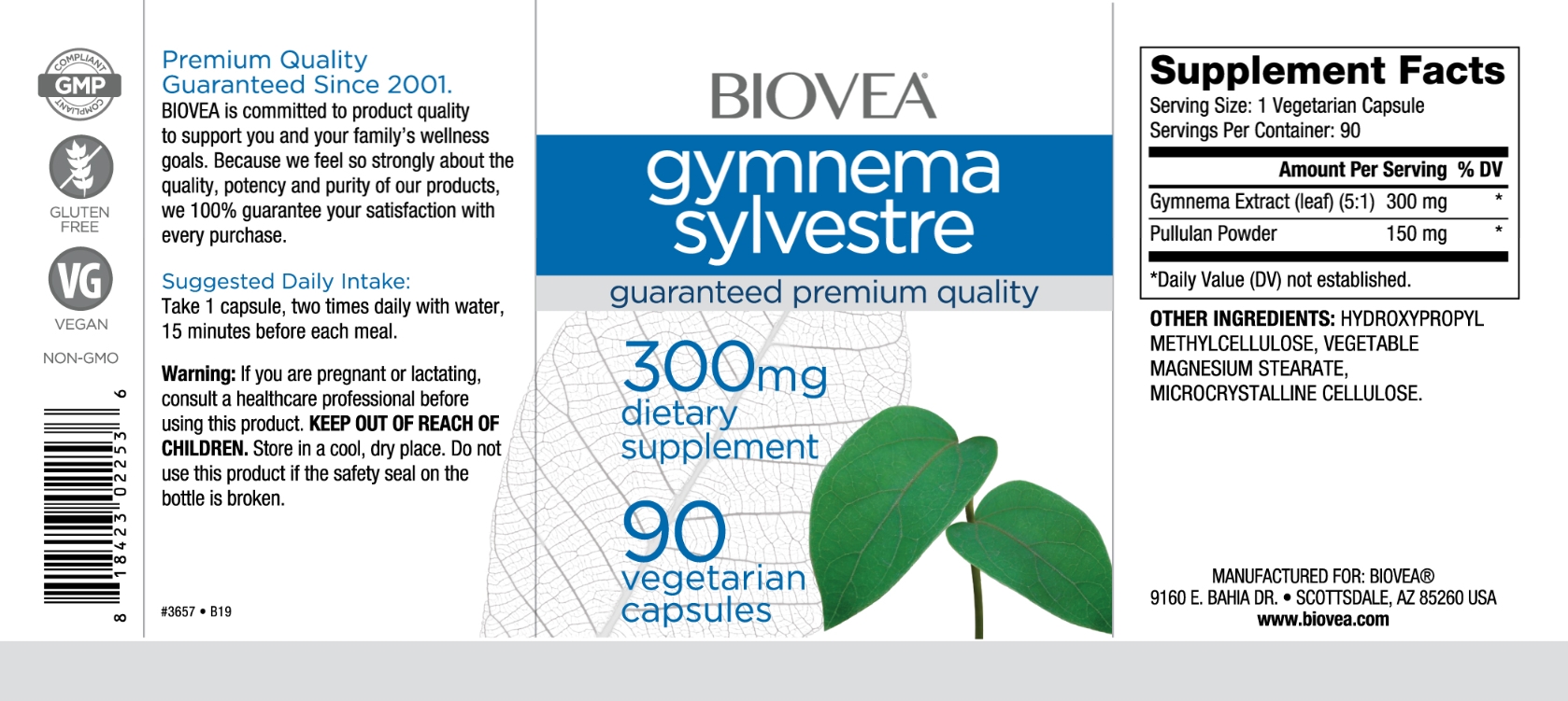 BIOVEA GYMNEMA SYLVESTRE 300 mg / 90 Vegetarian Capsules BIOVEA GYMNEMA SYLVESTRE 300 mg / 90 Vegetarian Capsules