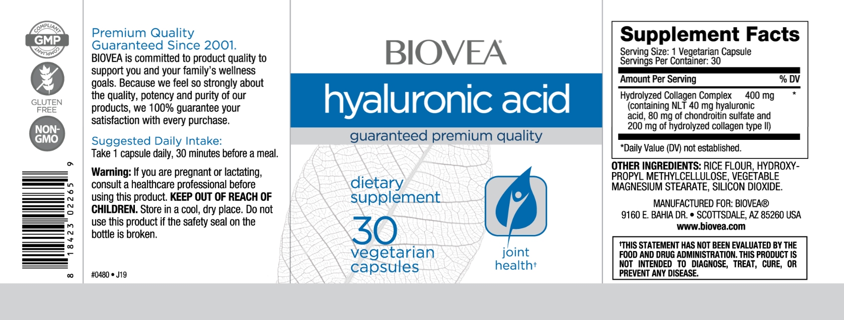 BIOVEA  HYALURONIC ACID 40 mg (Complex) / 30 Capsules