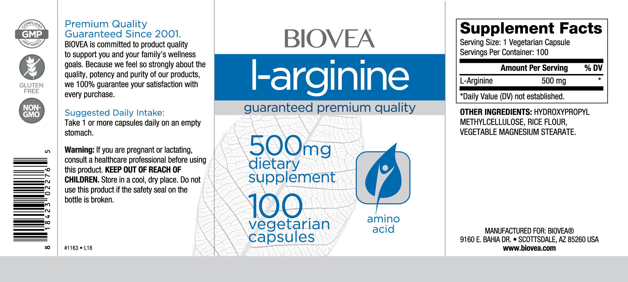 BIOVEA  L-ARGININE 500 mg / 100 Vegetarian Capsules