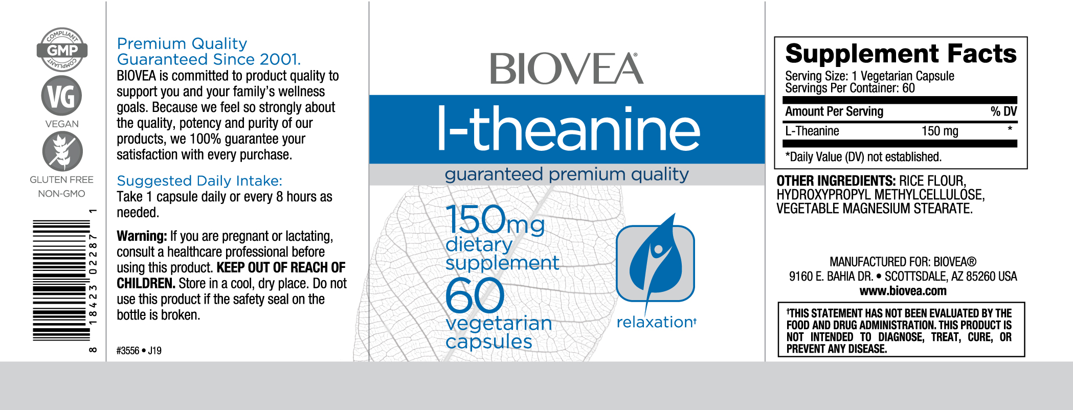 BIOVEA L-THEANINE 150 mg / 60 Vegetarian Capsules BIOVEA L-THEANINE 150 mg / 60 Vegetarian Capsules