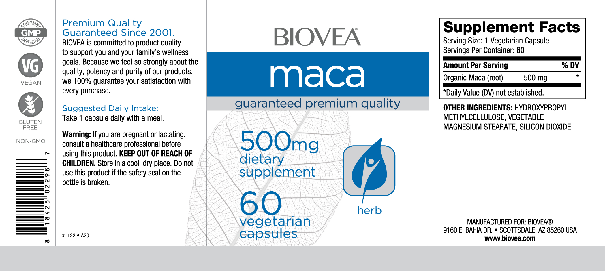 BIOVEA MACA 500 mg (Organic) / 60 Capsules BIOVEA MACA 500 mg (Organic) / 60 Capsules