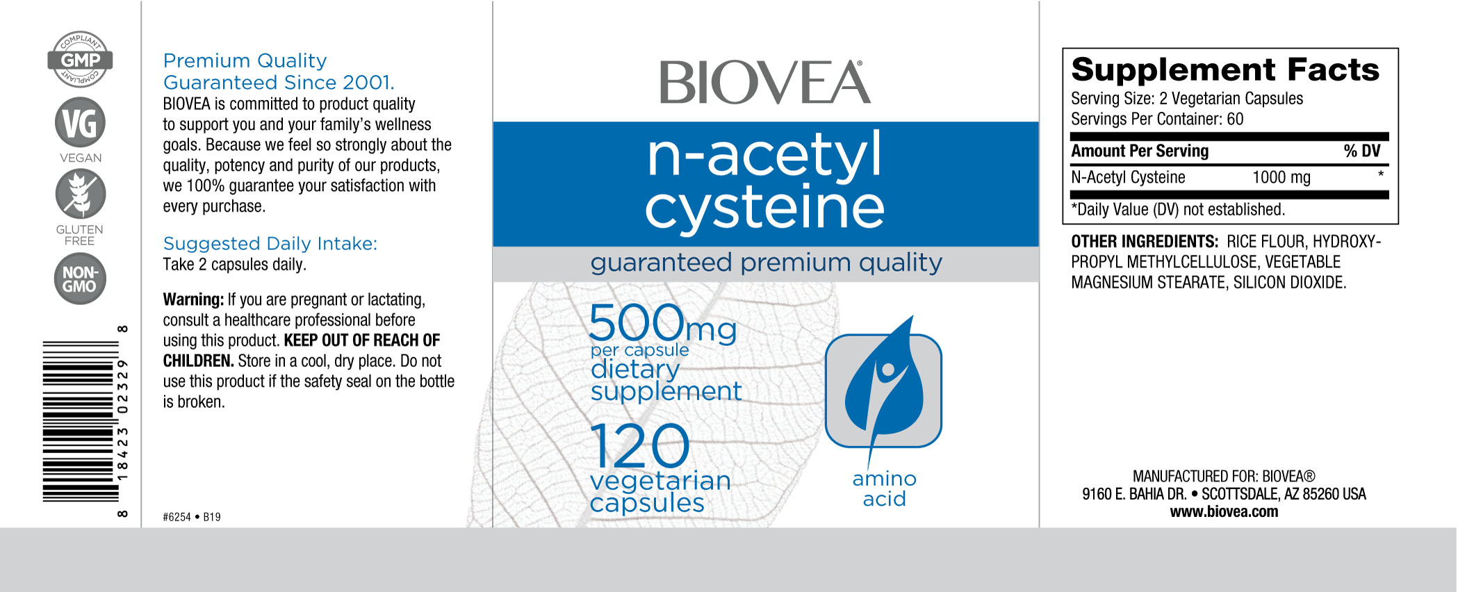 BIOVEA  N-ACETYL CYSTEINE 1000 mg / 120 Vegetarian Capsules