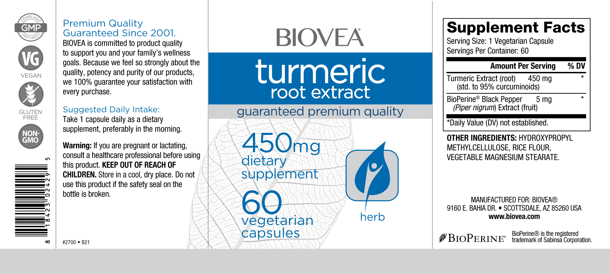 BIOVEA  TURMERIC (Curcuma) ROOT EXTRACT 450 mg / 60 Capsules