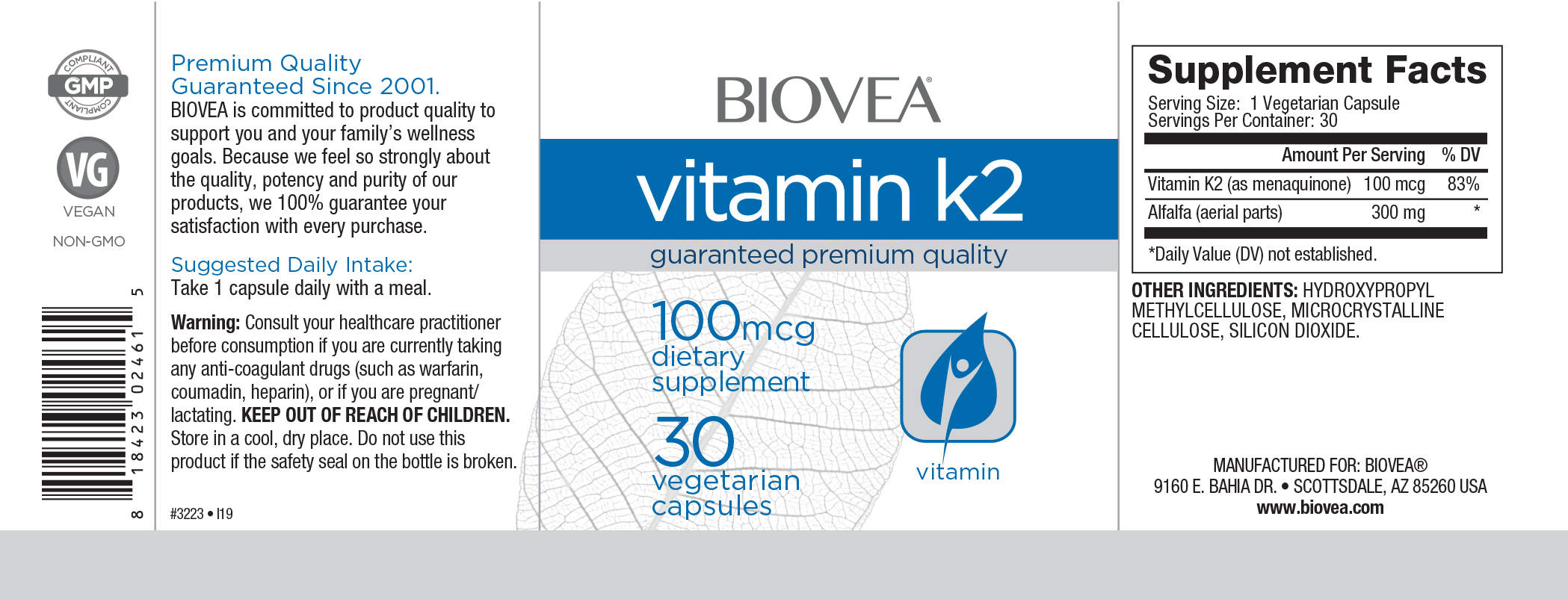 BIOVEA  VITAMIN K2 100 mcg  (with Alfalfa) / 30 Vegetarian Capsules