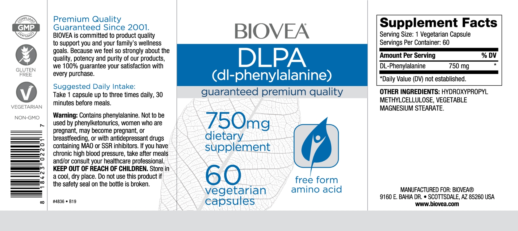 BIOVEA  DL-PHENYLALANINE (DLPA) 750 mg / 60 Vegetable Capsules