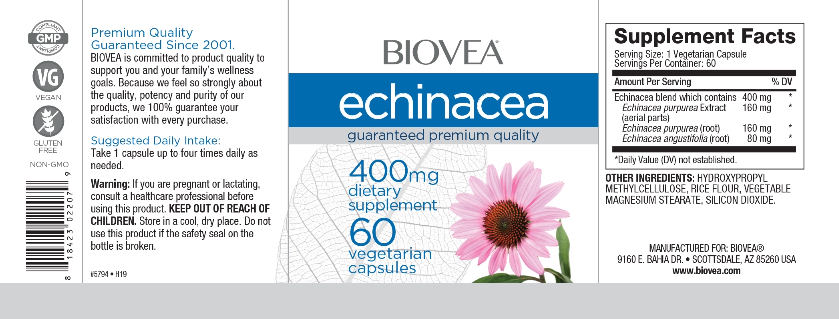 BIOVEA ECHINACEA 400 mg / 60 Vegetarian Capsules