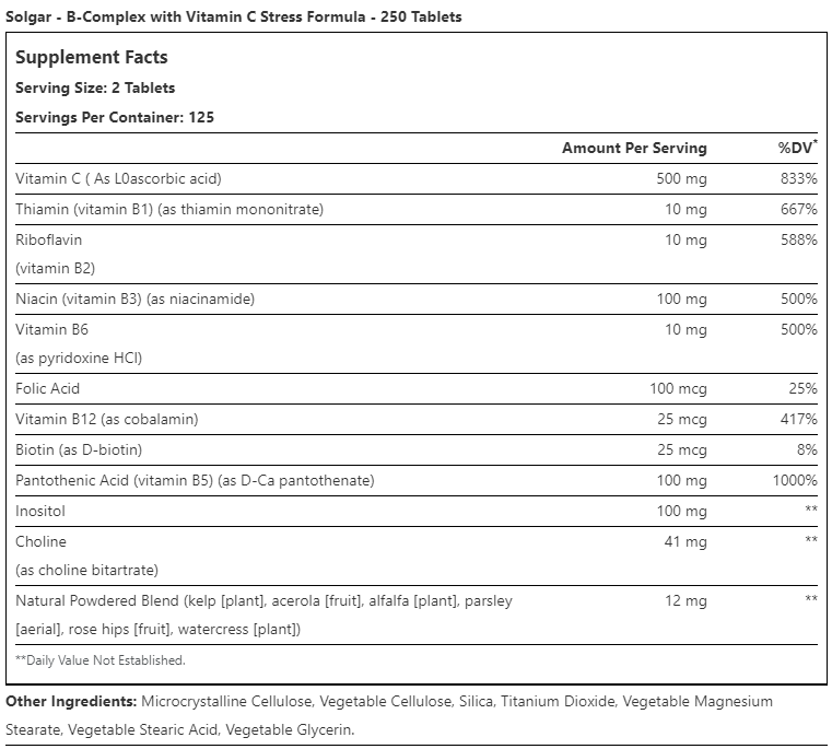 Solgar  B-Complex with Vitamin C Stress Formula / 250 Tablets