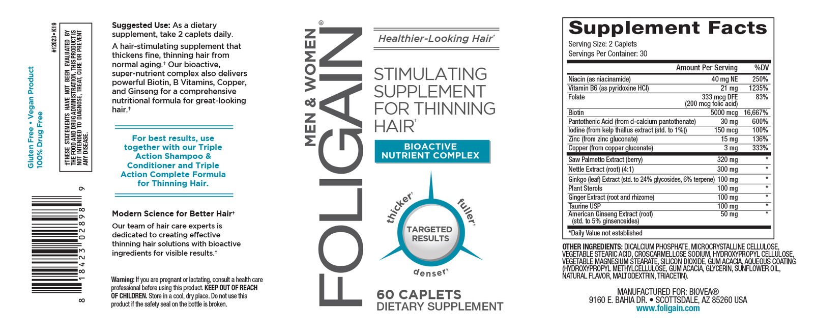 FOLIGAIN®  Stimulating Supplement For Thinning Hair / 60 Caplets