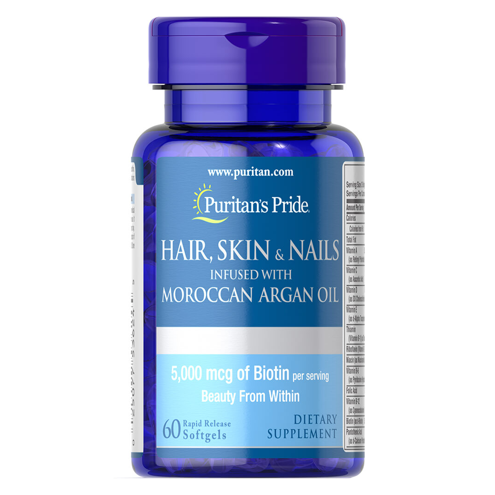 Puritan's Pride Hair, Skin & Nails infused with Moroccan Argan Oil  5000 mcg / 60 Softgels