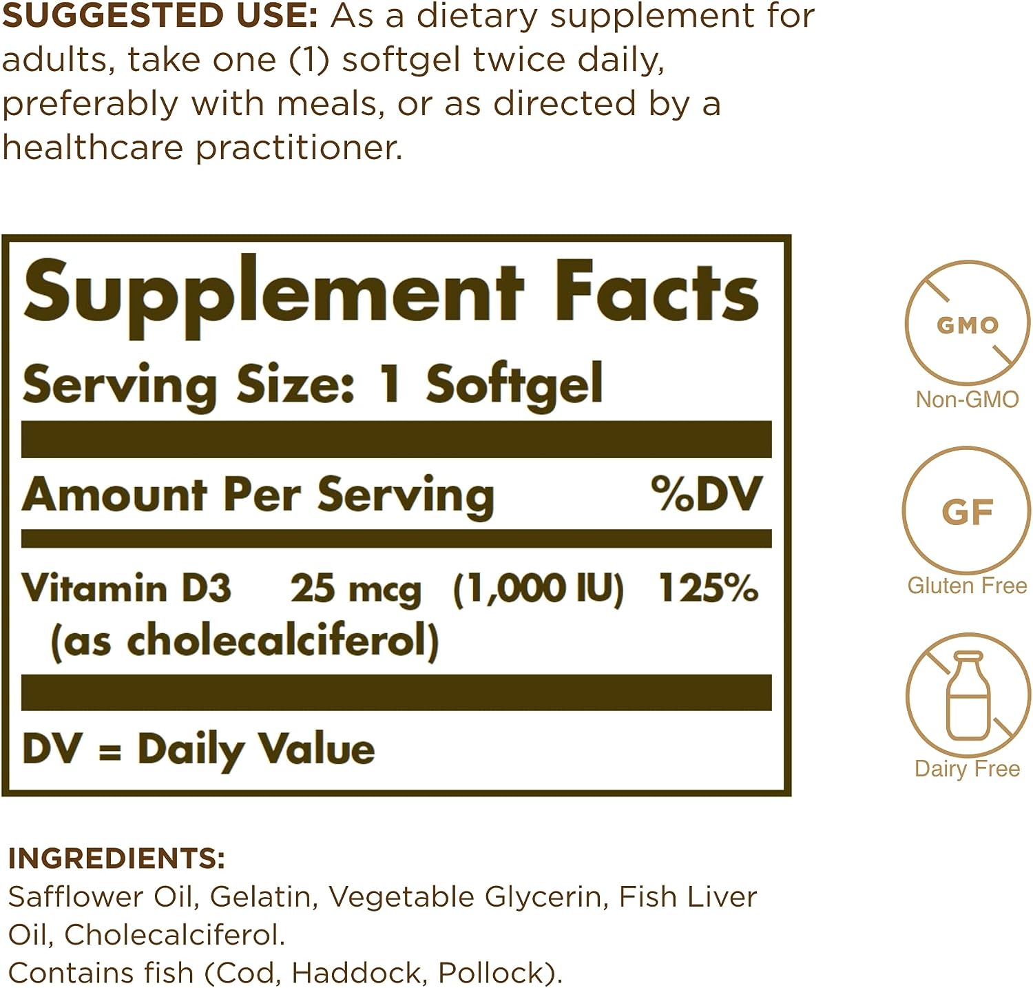 SOLGAR  VITAMIN D3 (CHOLECALCIFEROL) 25 MCG (1000 IU) / 250 SOFTGELS